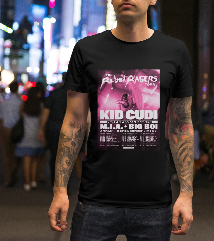 The Rebel Ragers Tour Kid Cudi 2026 Featuring M.I.A. Big Boi A Trak Dot Da Genius Tour Dates T-Shirt