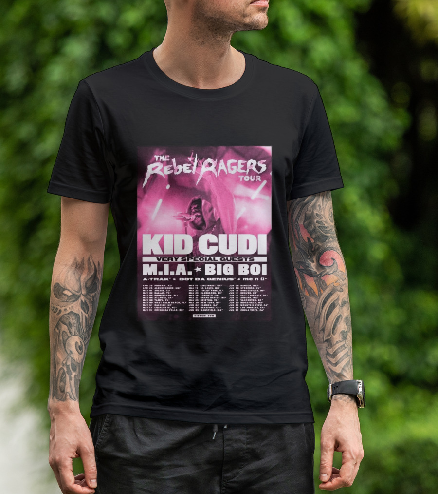 The Rebel Ragers Tour Kid Cudi 2026 Featuring M.I.A. Big Boi A Trak Dot Da Genius Tour Dates T-Shirt