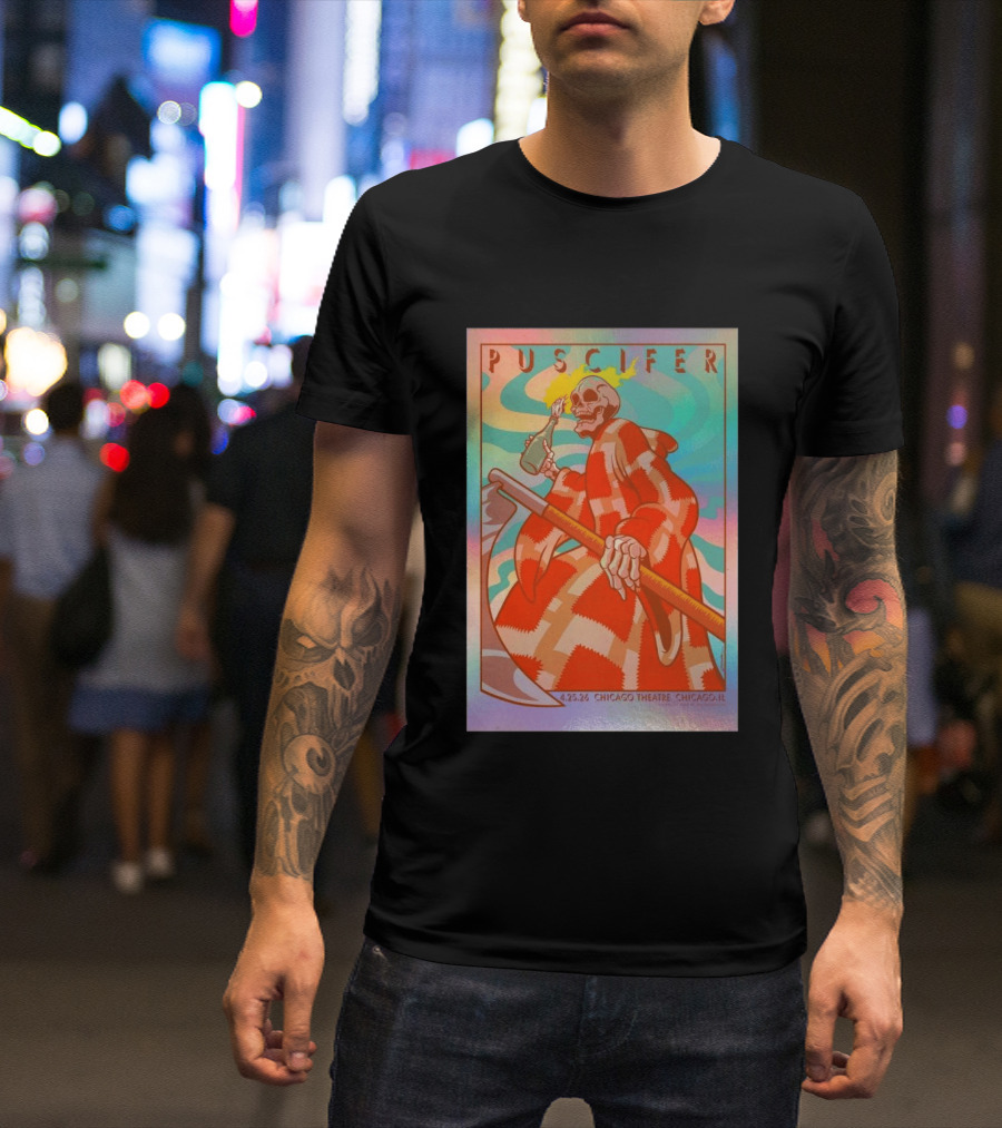 Puscifer 4.25.26 Chicago Theatre IL Skeleton Robe Checkerboard Psychedelic T-Shirt