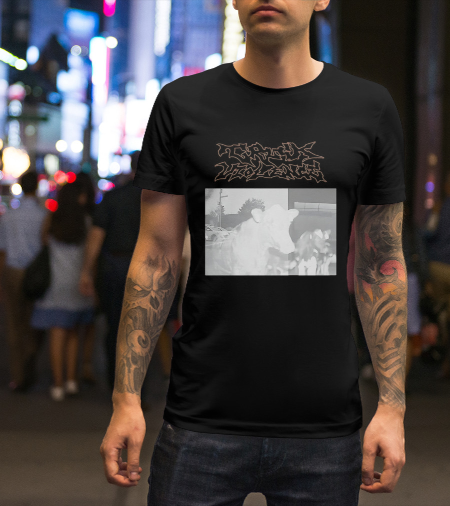 Truck Stop Violence Cow Photo Retro Style Casual Wear T-Shirt