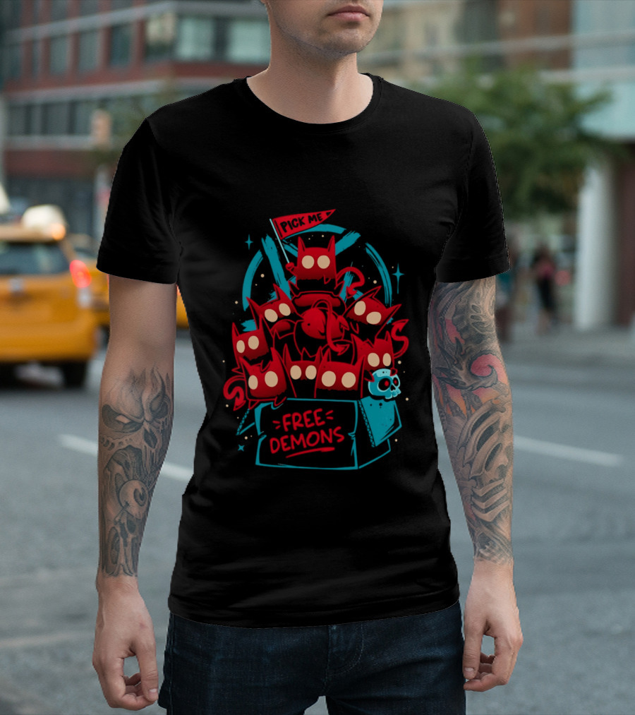 Free Demons Box Pick Me Red Monsters Cute Cartoon T-Shirt