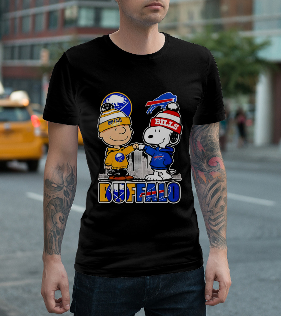 Buffalo Sabres Bills Snoopy City Skyline Collaboration With Charlie Brown T-Shirt