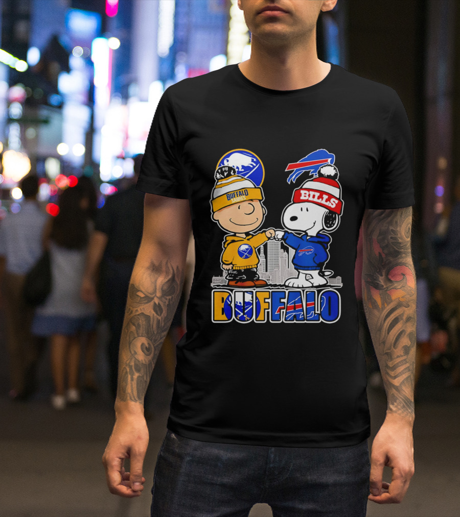 Buffalo Sabres Bills Snoopy City Skyline Collaboration With Charlie Brown T-Shirt