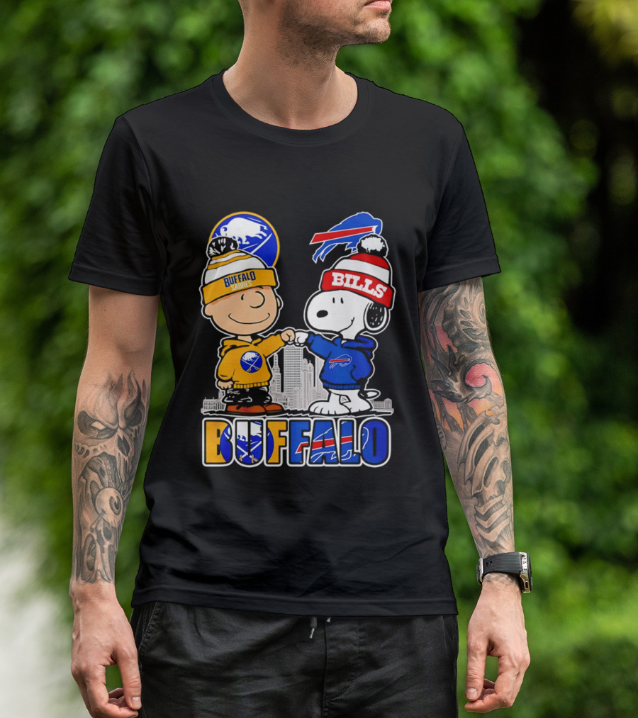 Buffalo Sabres Bills Snoopy City Skyline Collaboration With Charlie Brown T-Shirt