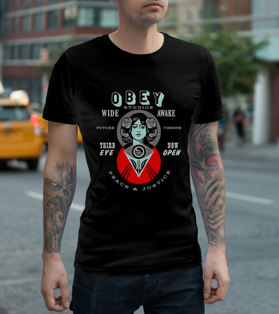 Obey Studios Wide Awake Future Visions Third Eye Now Open Peace And Justice T-Shirt