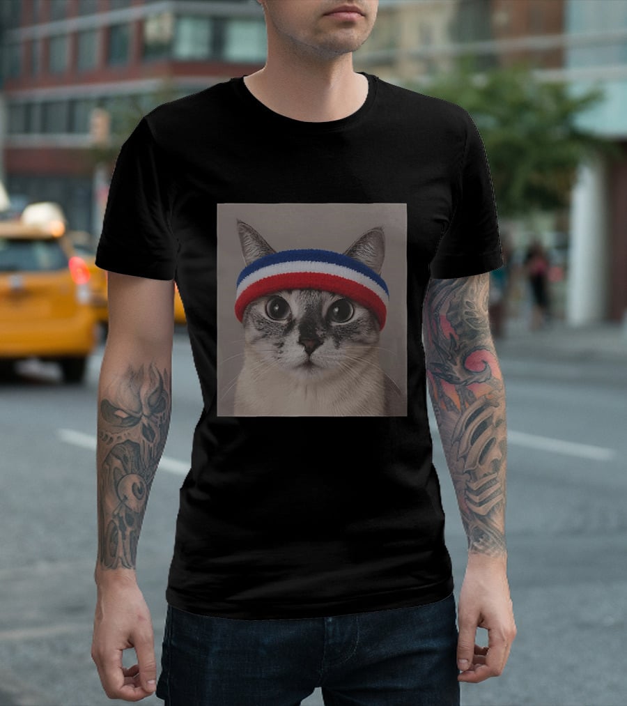 Cat Wearing Red White Blue Terry Headband T-Shirt