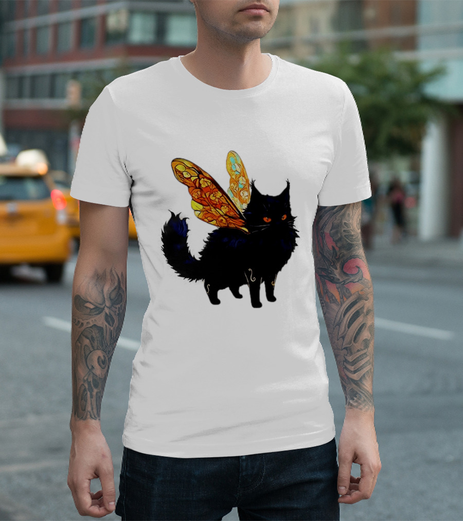 Black Cat With Colorful Fairy Wings Fantastical T-Shirt