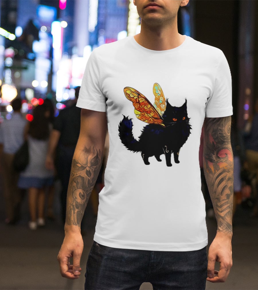 Black Cat With Colorful Fairy Wings Fantastical T-Shirt