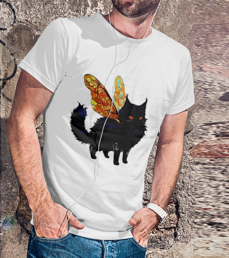 Black Cat With Colorful Fairy Wings Fantastical T-Shirt