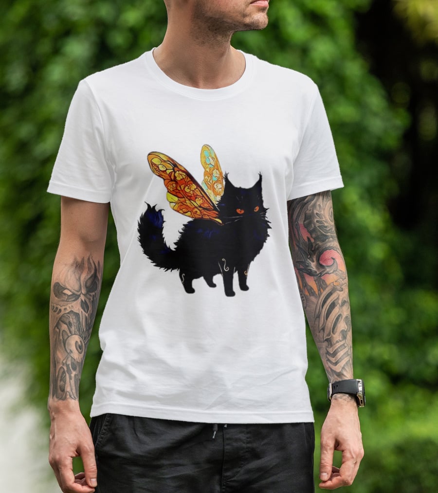 Black Cat With Colorful Fairy Wings Fantastical T-Shirt