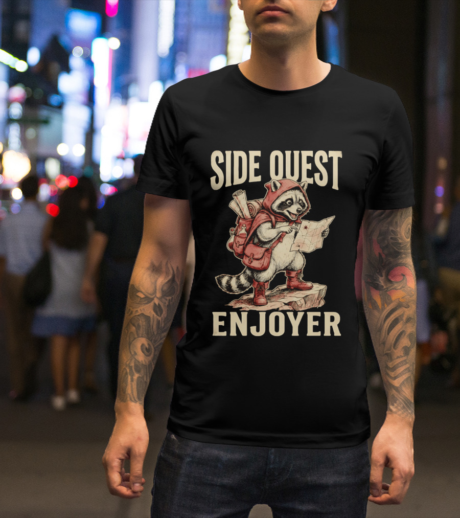 Side Quest Enjoyer Adventurer Raccoon With Map And Backpack T-Shirt
