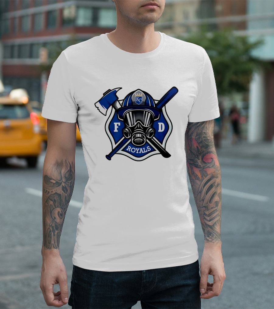 Kansas City Royals Firefighter FD Helmet Gas Mask Axe Bat T-Shirt