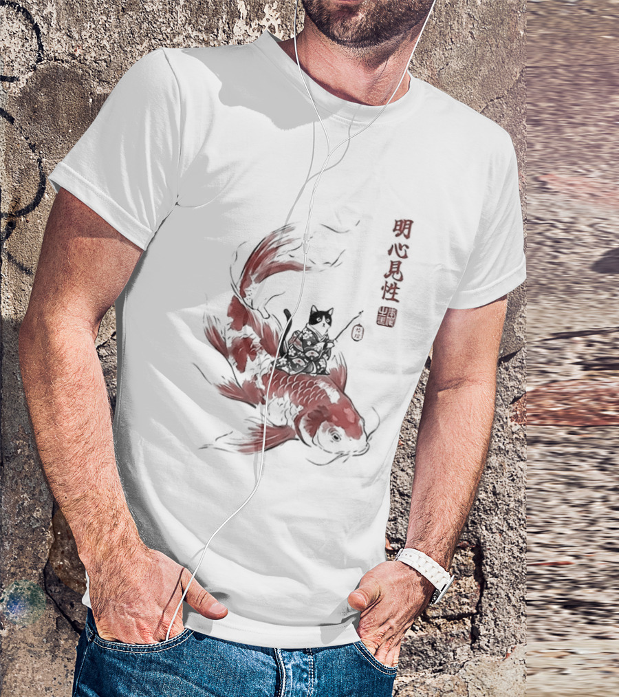 Kimono Cat Riding Koi Fish Classical Japanese T-Shirt