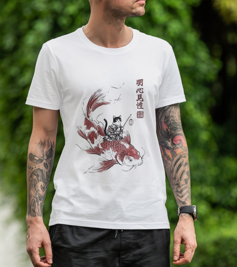 Kimono Cat Riding Koi Fish Classical Japanese T-Shirt