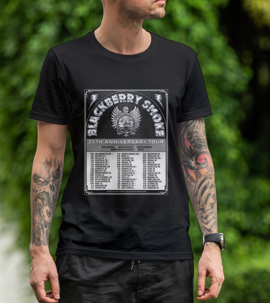 Blackberry Smoke 25th Anniversary Tour 2024 With Ben Chapman And Jason Newsted Featuring Parker Barrow And Robert Jon & The Wreck T-Shirt