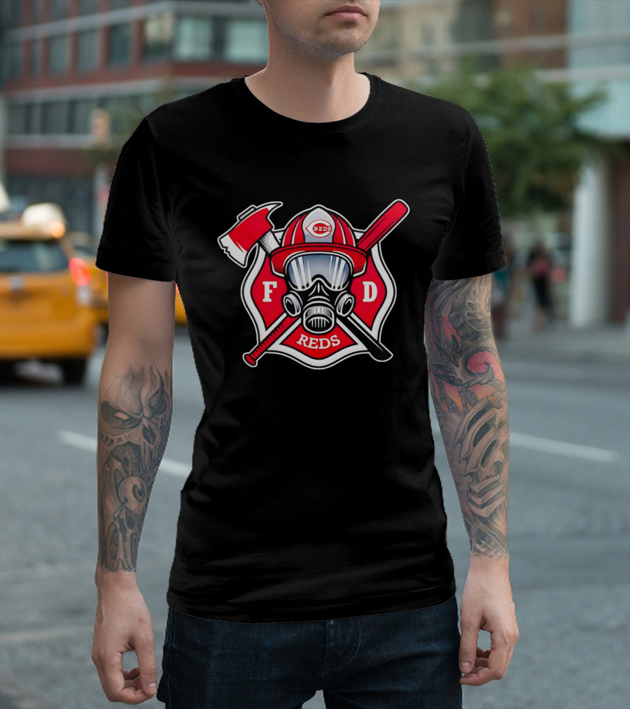 Cincinnati Reds FD Firefighter Helmet With Axe And Baseball Bat T-Shirt