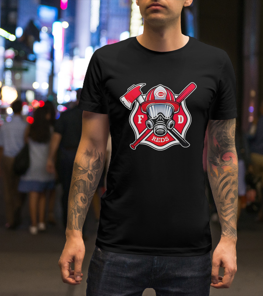Cincinnati Reds FD Firefighter Helmet With Axe And Baseball Bat T-Shirt