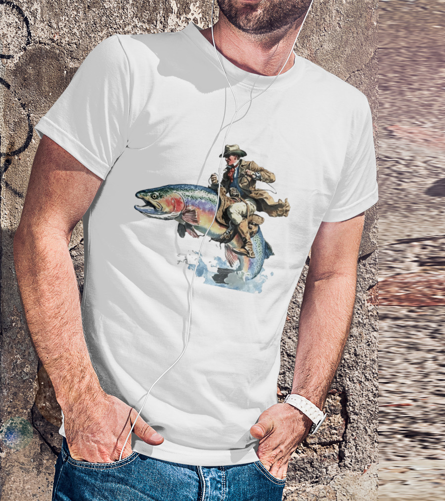 Cowboy Riding Rainbow Trout Adventure Scene T-Shirt