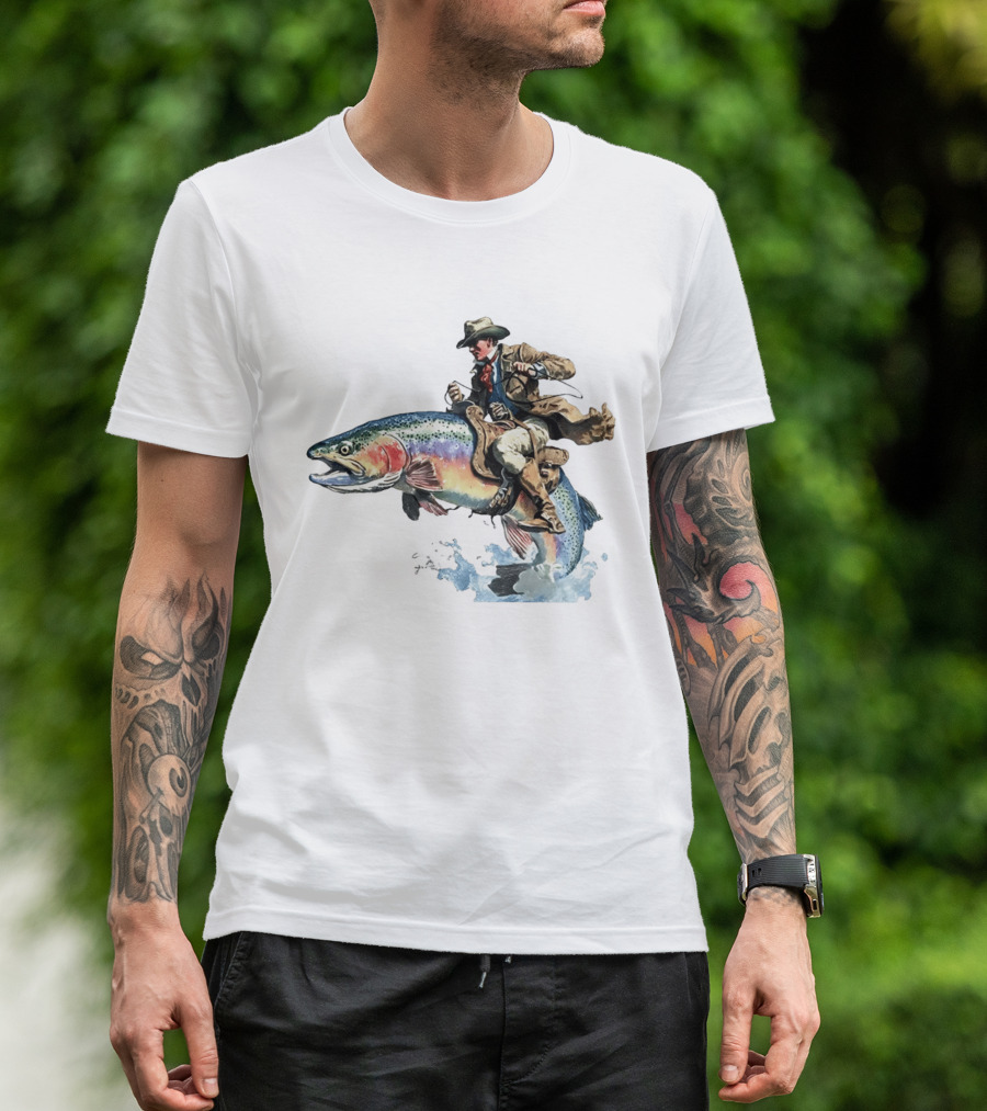 Cowboy Riding Rainbow Trout Adventure Scene T-Shirt