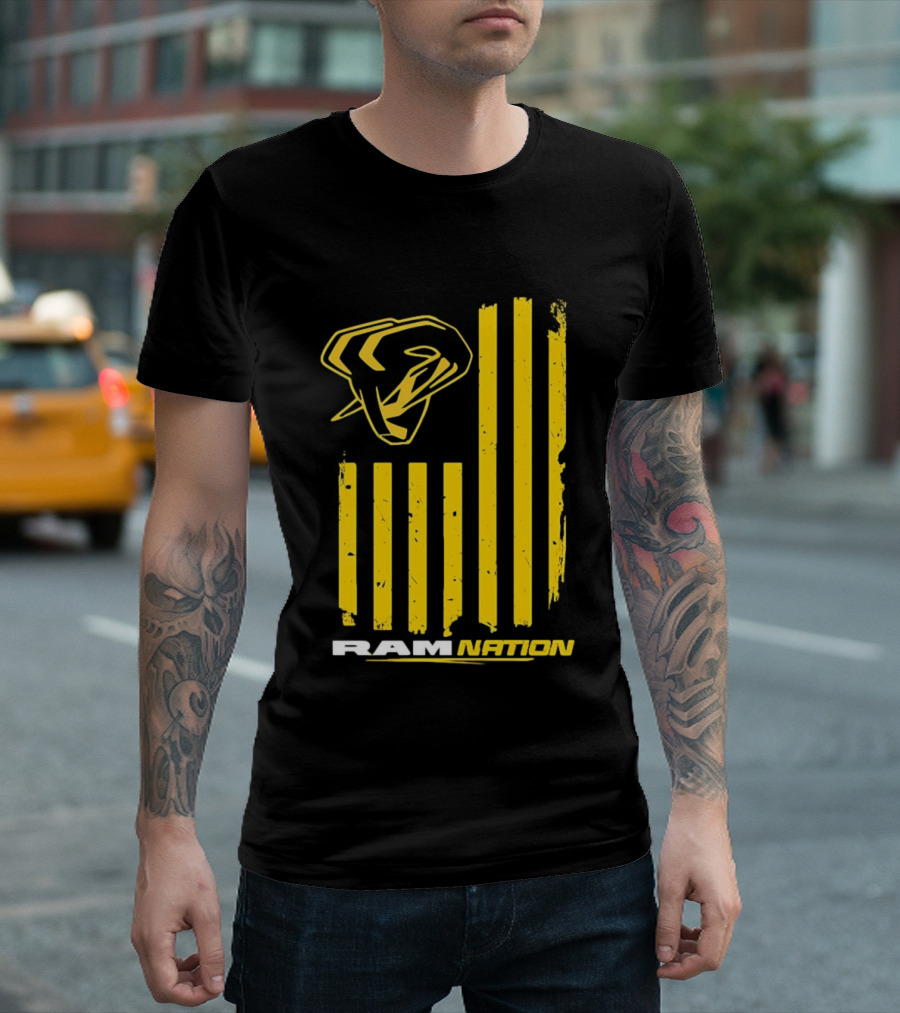 Ram Nation USA Flag Yellow Ram Head Stripes T-Shirt