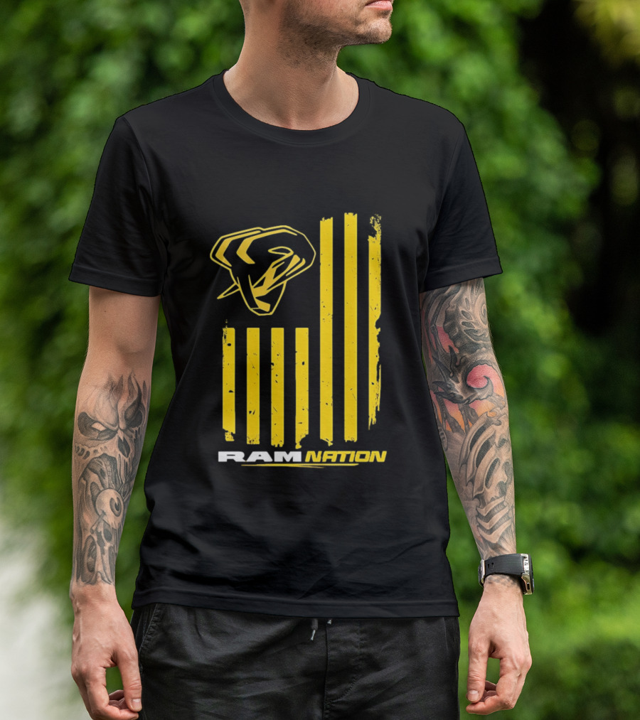 Ram Nation USA Flag Yellow Ram Head Stripes T-Shirt