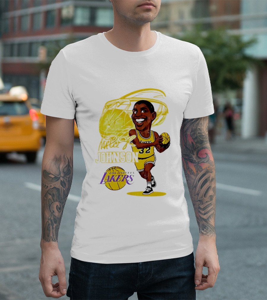 Magic Johnson 32 Los Angeles Lakers Basketball Caricature T-Shirt