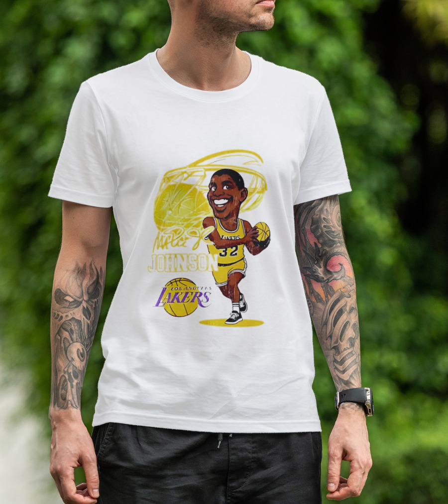 Magic Johnson 32 Los Angeles Lakers Basketball Caricature T-Shirt