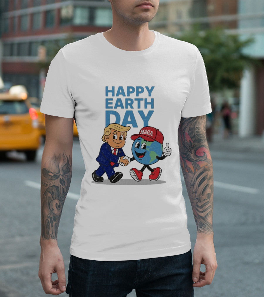 Happy Earth Day Trump MAGA Earth Cartoon Shaking Hands T-Shirt