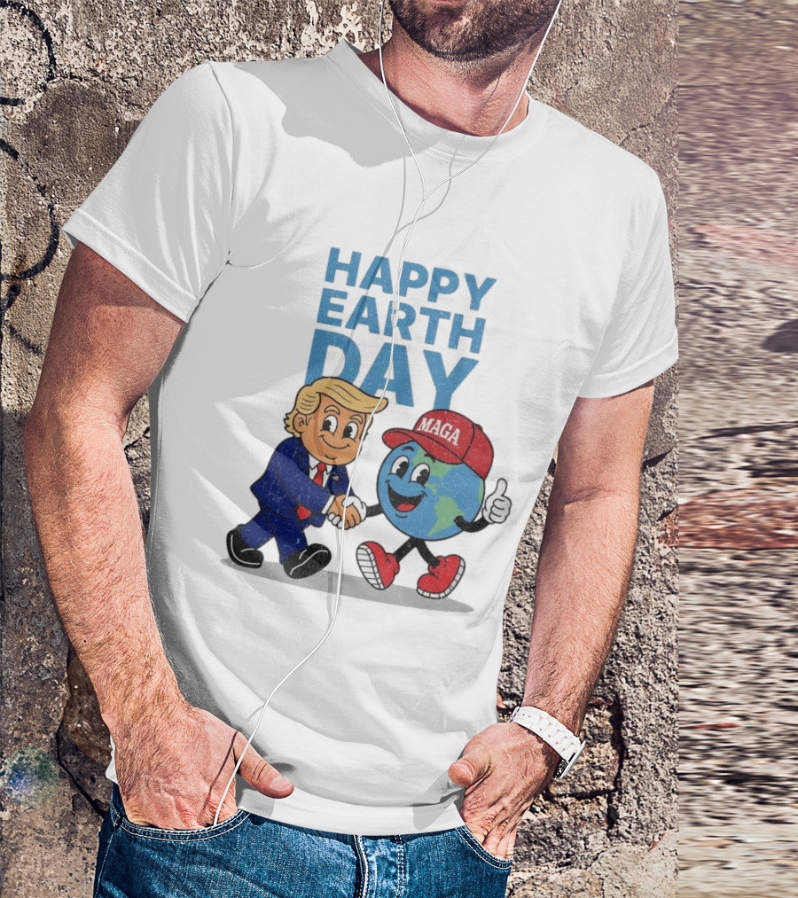 Happy Earth Day Trump MAGA Earth Cartoon Shaking Hands T-Shirt