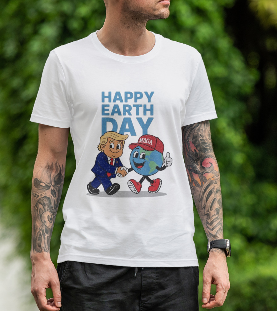 Happy Earth Day Trump MAGA Earth Cartoon Shaking Hands T-Shirt