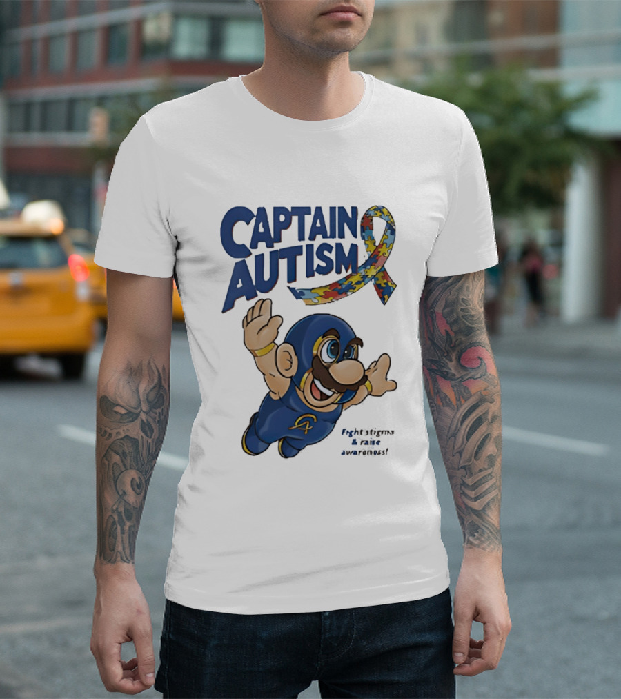 Captain Autism Super Mario Puzzle Ribbon Flying Awareness T-Shirt