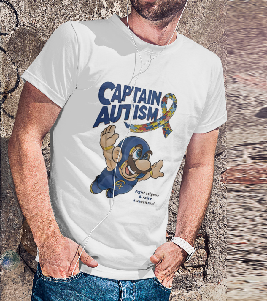 Captain Autism Super Mario Puzzle Ribbon Flying Awareness T-Shirt