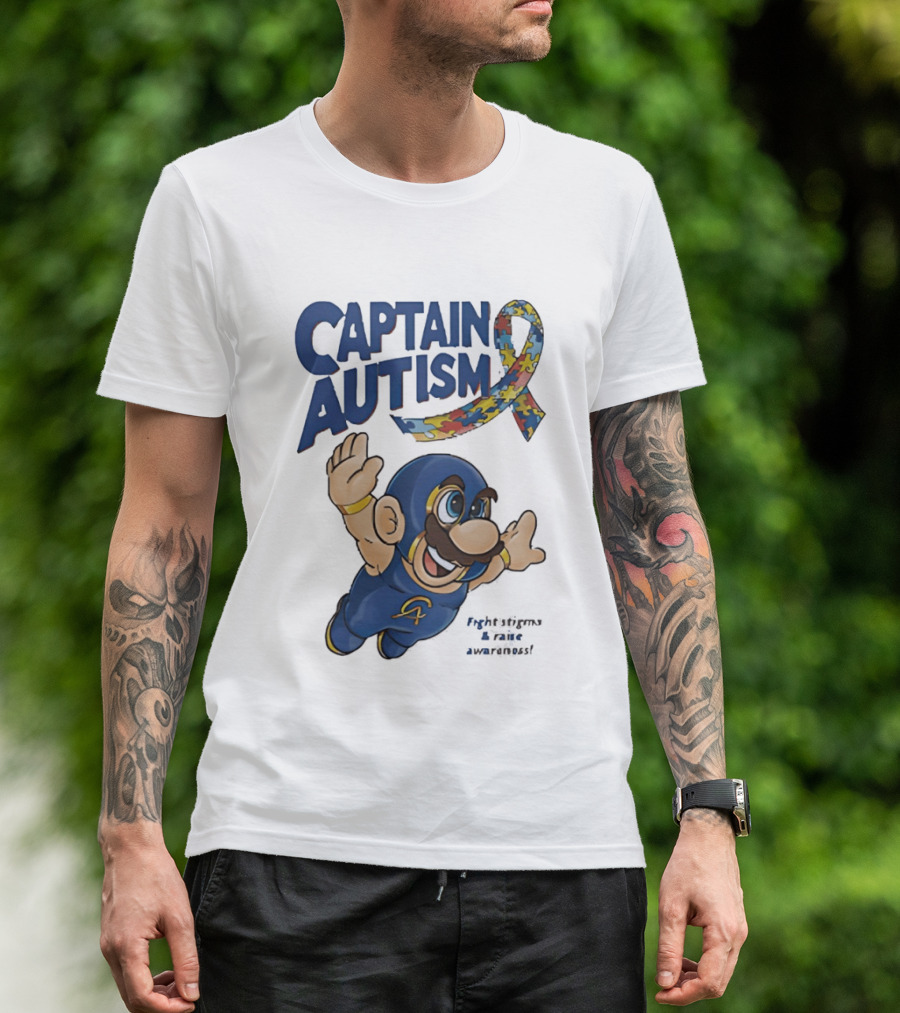 Captain Autism Super Mario Puzzle Ribbon Flying Awareness T-Shirt