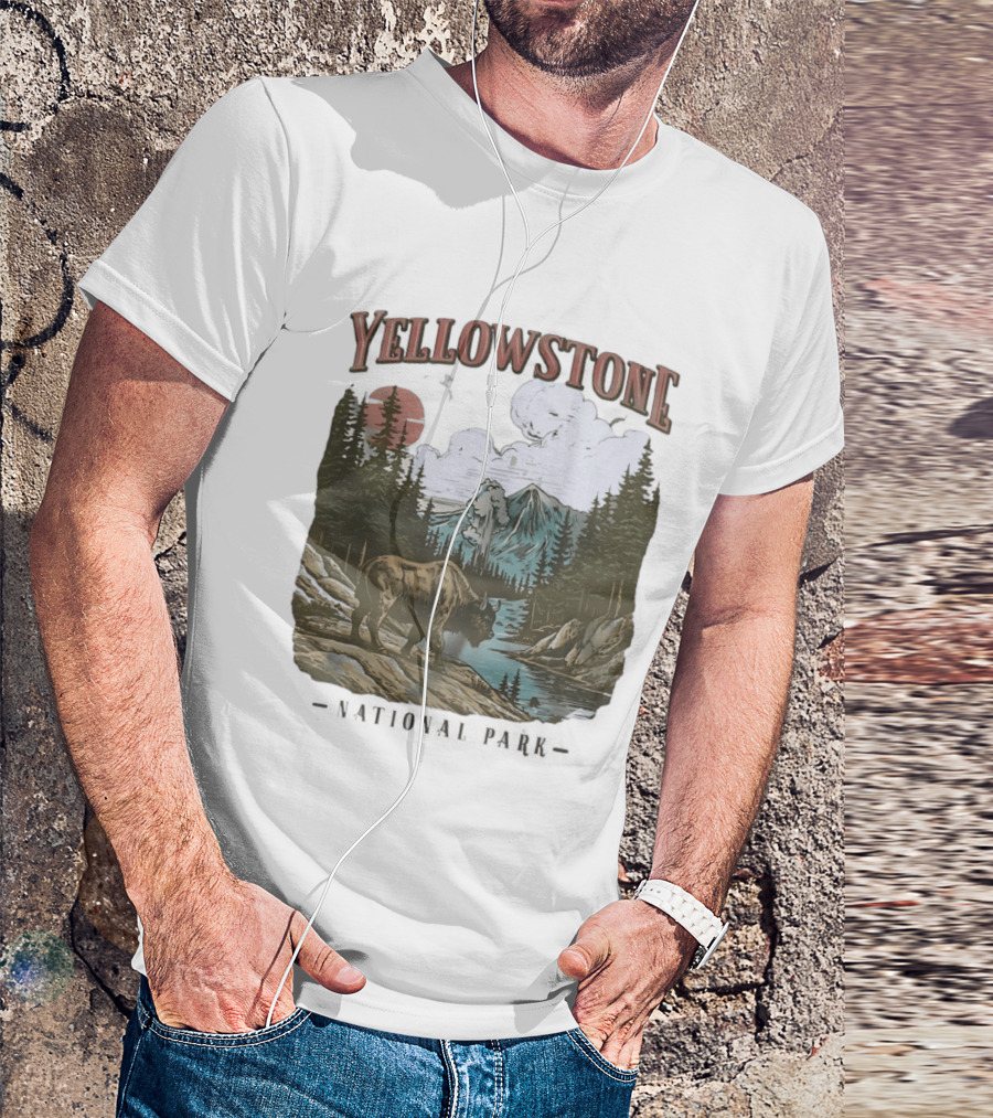 Yellowstone National Park Wild Buffalo By Stream Scenic Landscape T-Shirt