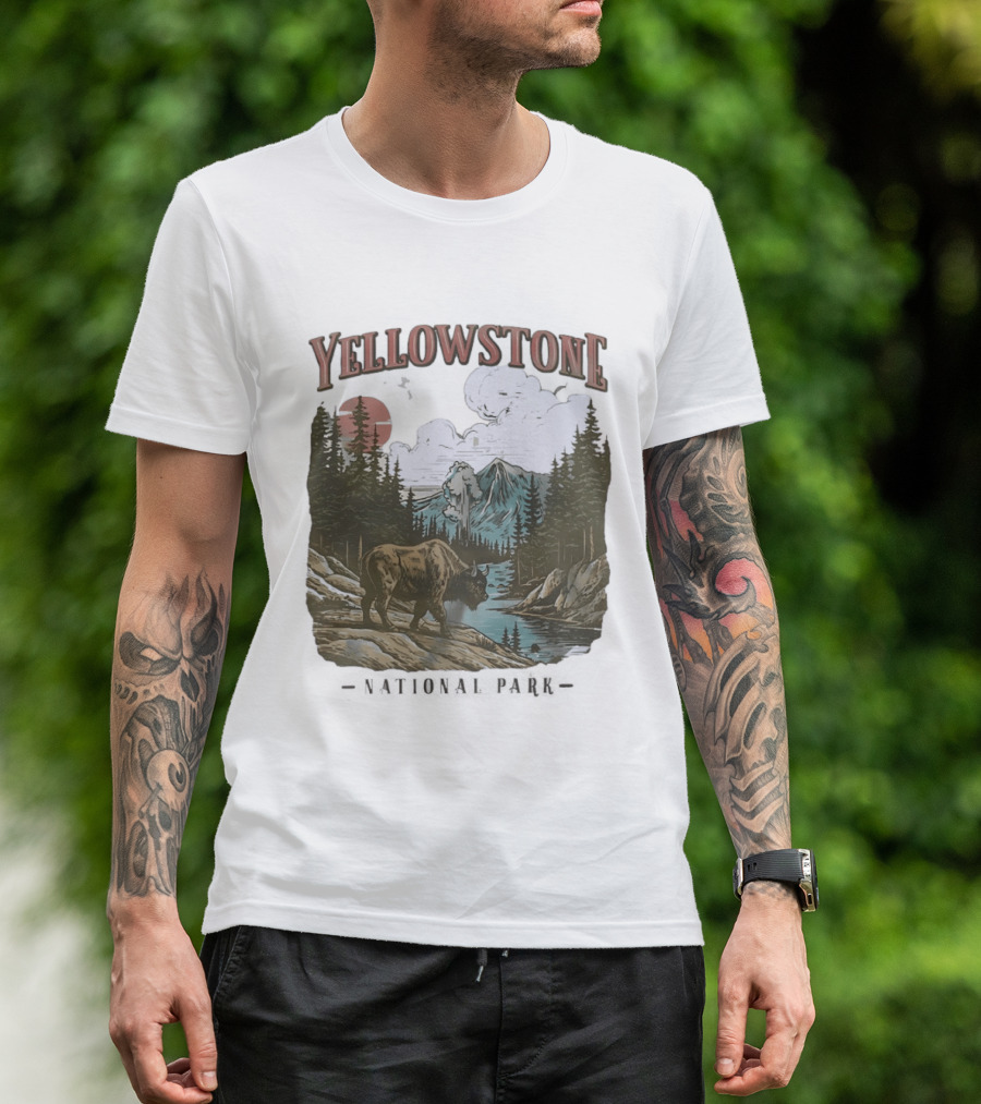 Yellowstone National Park Wild Buffalo By Stream Scenic Landscape T-Shirt