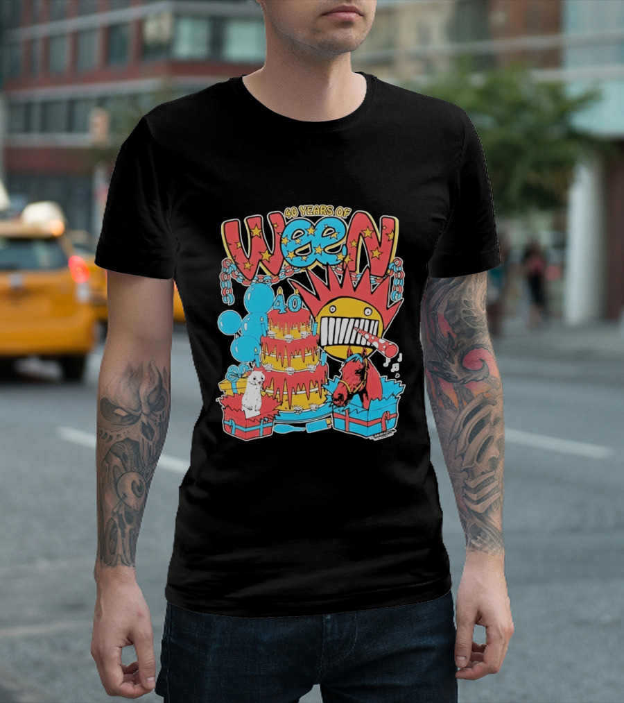 40 Years Of Ween Celebration Cake Balloons Dog Horse Black Sun Mask T-Shirt