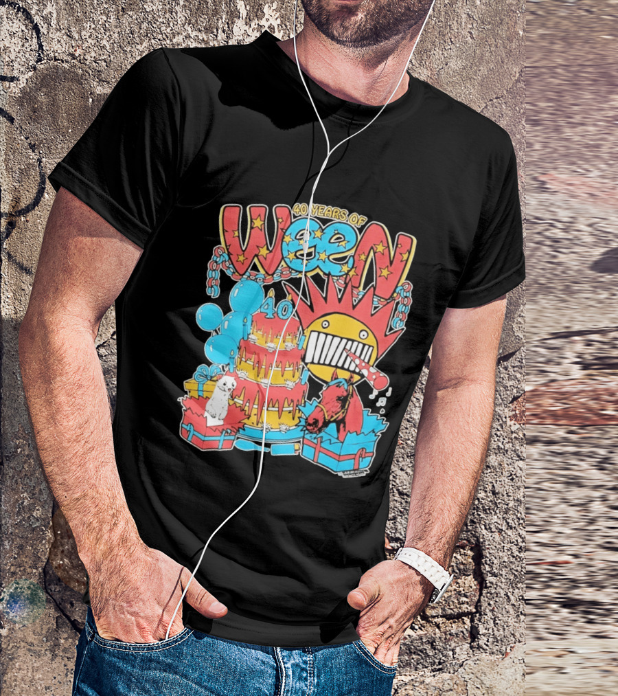 40 Years Of Ween Celebration Cake Balloons Dog Horse Black Sun Mask T-Shirt