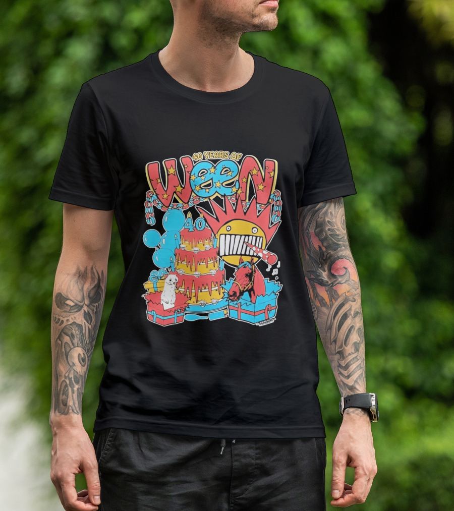 40 Years Of Ween Celebration Cake Balloons Dog Horse Black Sun Mask T-Shirt