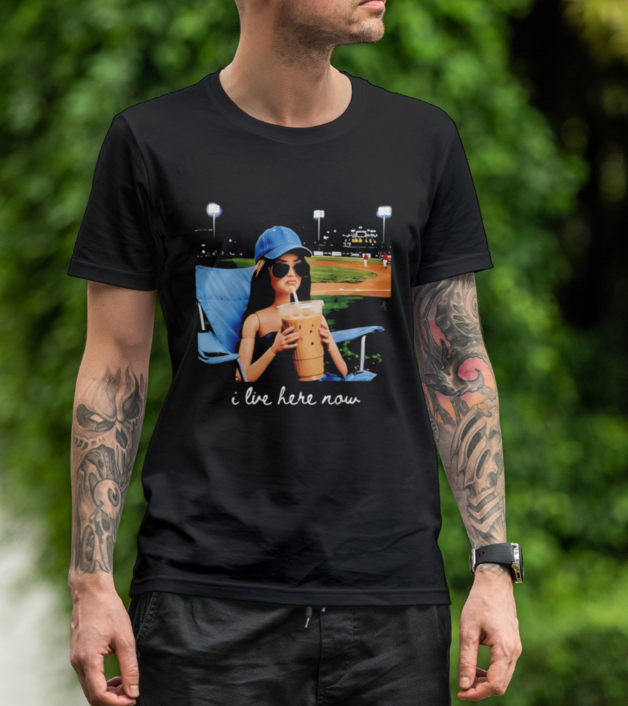 I Live Here Now Barbie Drink Coffee Baseball Stadium Scene T-Shirt