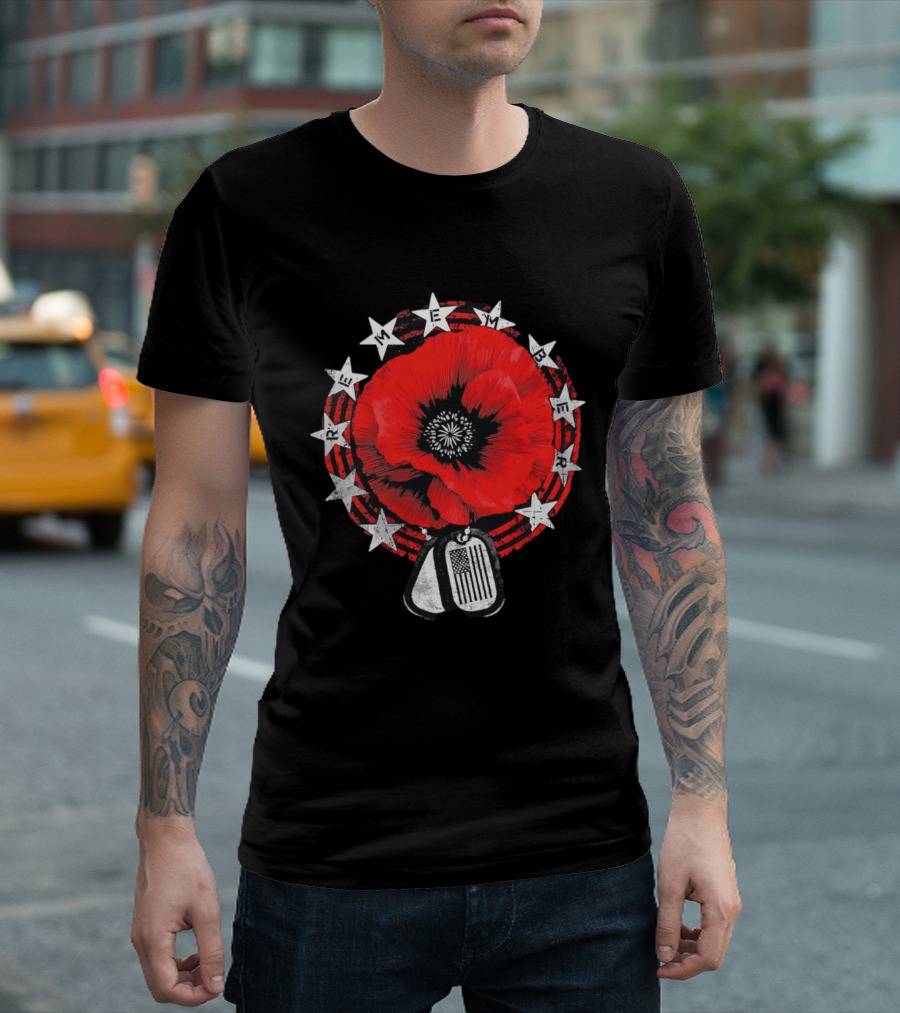 Remember Poppy 2026 American Flag Dog Tags Stars T-Shirt