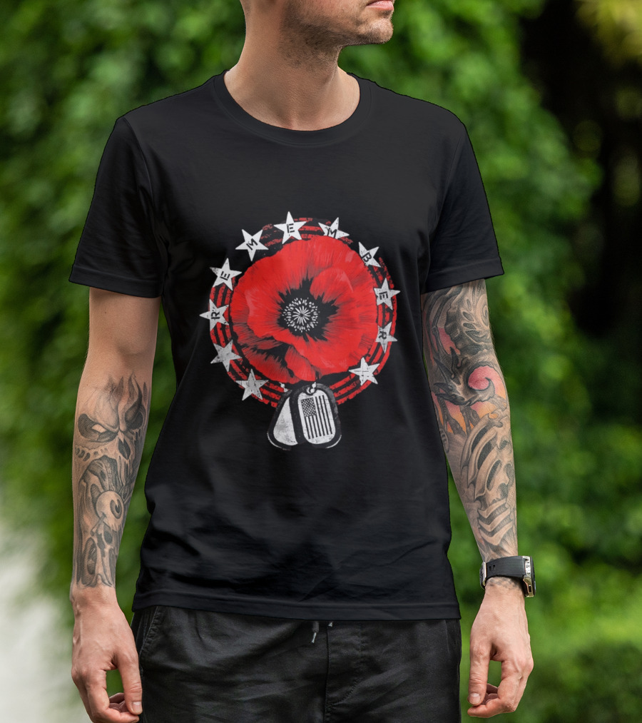 Remember Poppy 2026 American Flag Dog Tags Stars T-Shirt