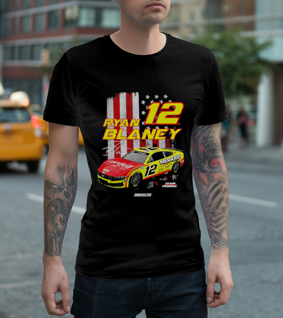 Ryan Blaney 12 Team Penske NASCAR American Flag Racing Car T-Shirt