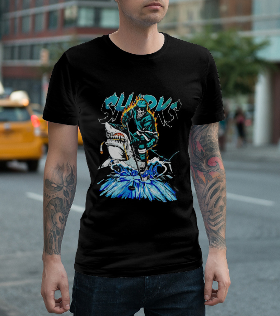San Jose Sharks 90s Hockey Skull Flames Ice Shark Rider T-Shirt
