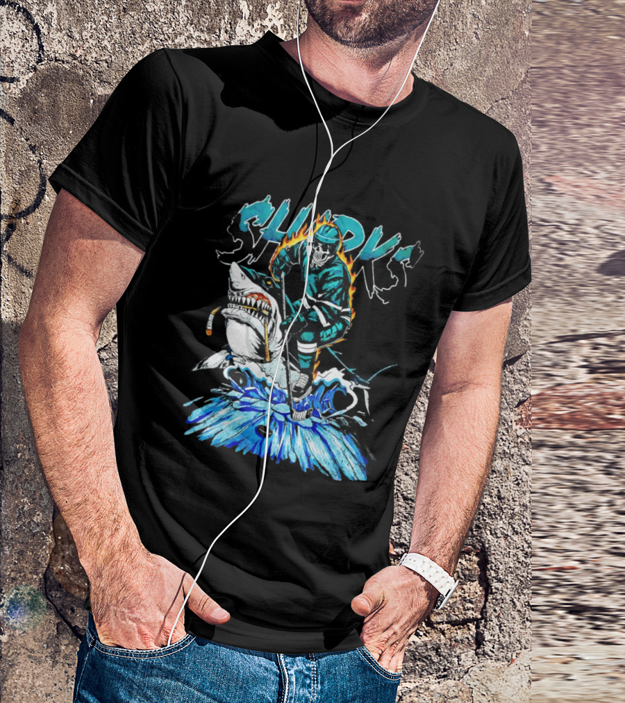 San Jose Sharks 90s Hockey Skull Flames Ice Shark Rider T-Shirt