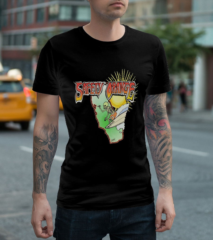 Safety Orange Skeleton Surfing Explosion Scene T-Shirt