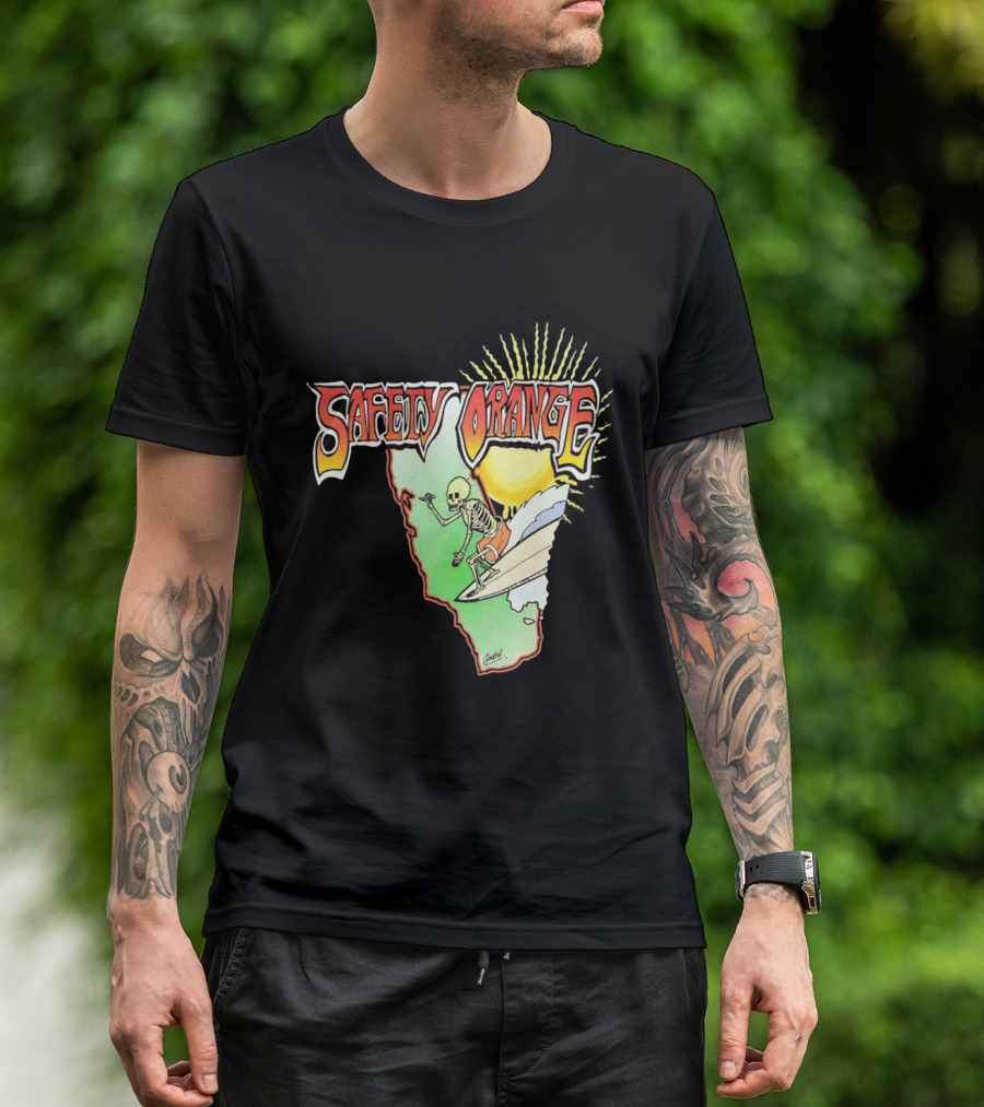 Safety Orange Skeleton Surfing Explosion Scene T-Shirt