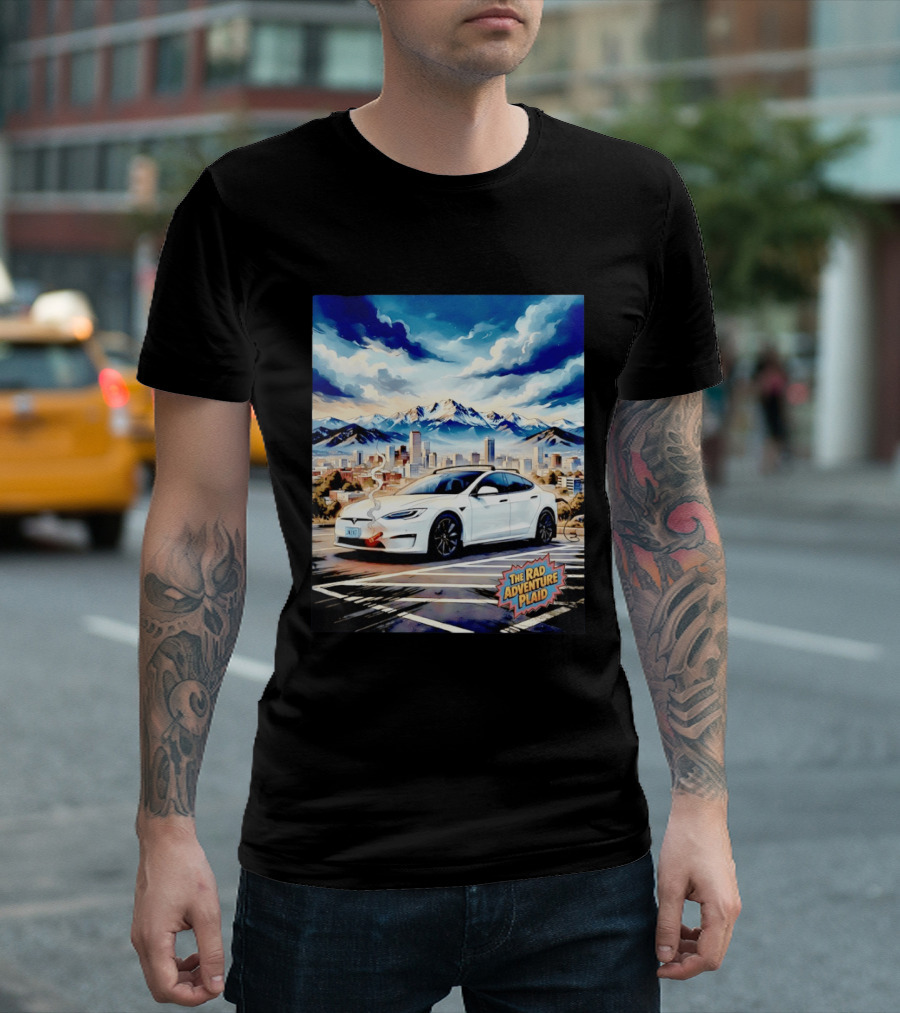 The Rad Adventure Plaid Electric Car Scenic Mountain Cityscape T-Shirt