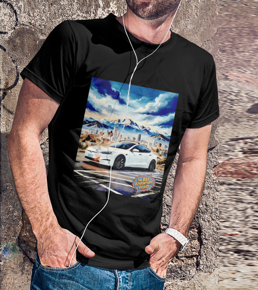 The Rad Adventure Plaid Electric Car Scenic Mountain Cityscape T-Shirt