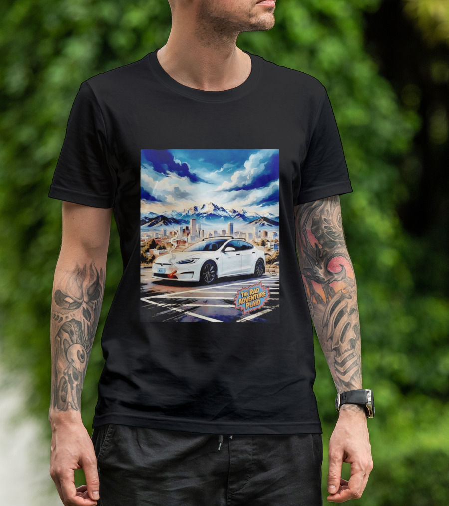 The Rad Adventure Plaid Electric Car Scenic Mountain Cityscape T-Shirt
