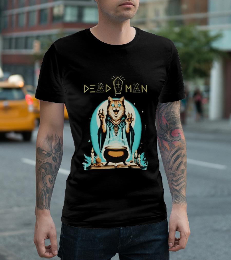 Wizard Cat Casting Spell With Cauldron And Candles Dead Man T-Shirt